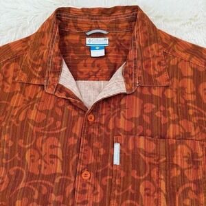 Columbia Mens Large Tropical Floral Hawaiian Shirt Orange Summer Button Up Beach